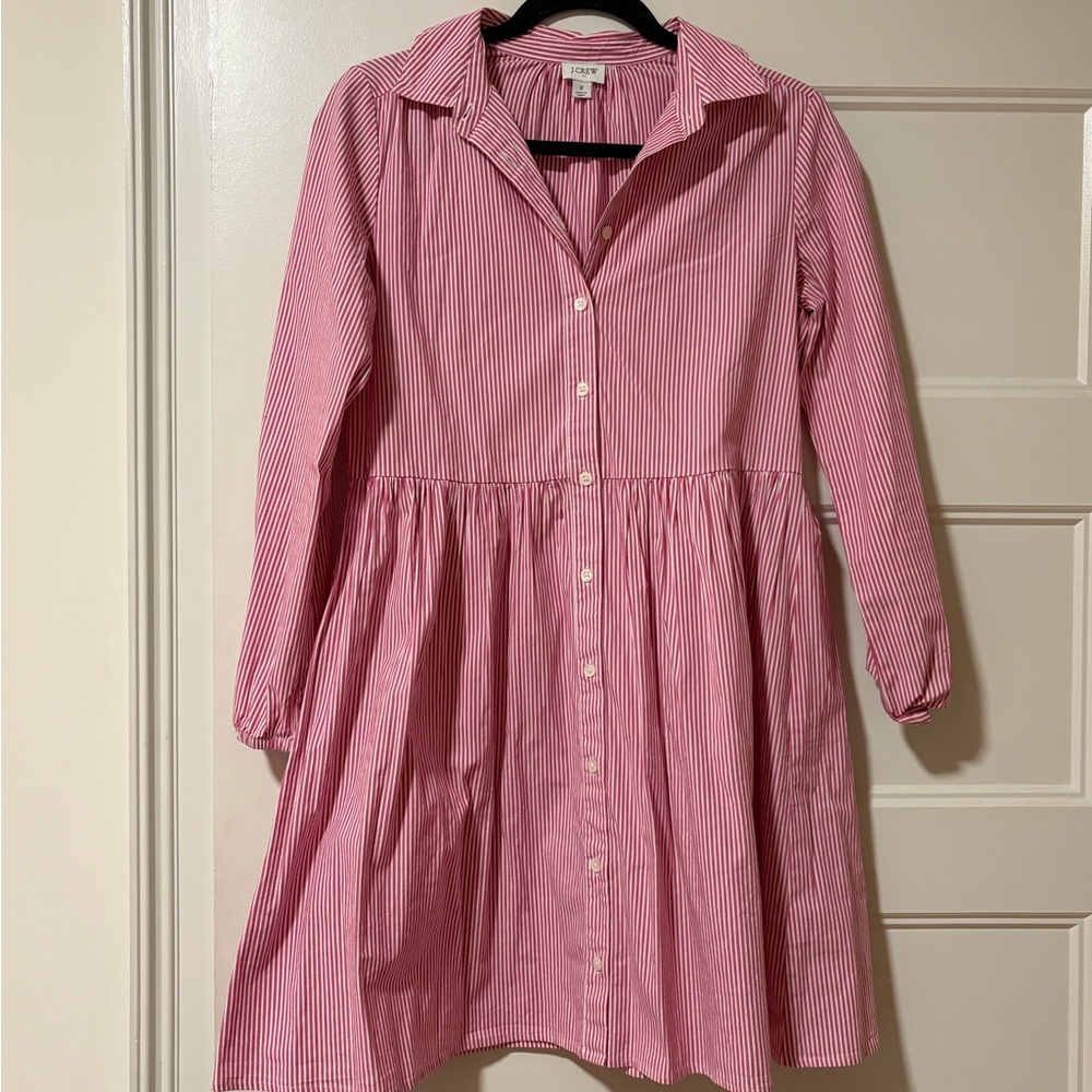 J. Crew Long Sleeve Shirt Dress in Pink and White
